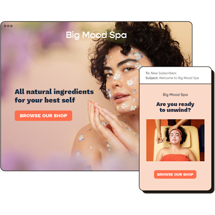 Big Mood Spa’s online store, shown beside an example of an email automation sent to new subscribers.