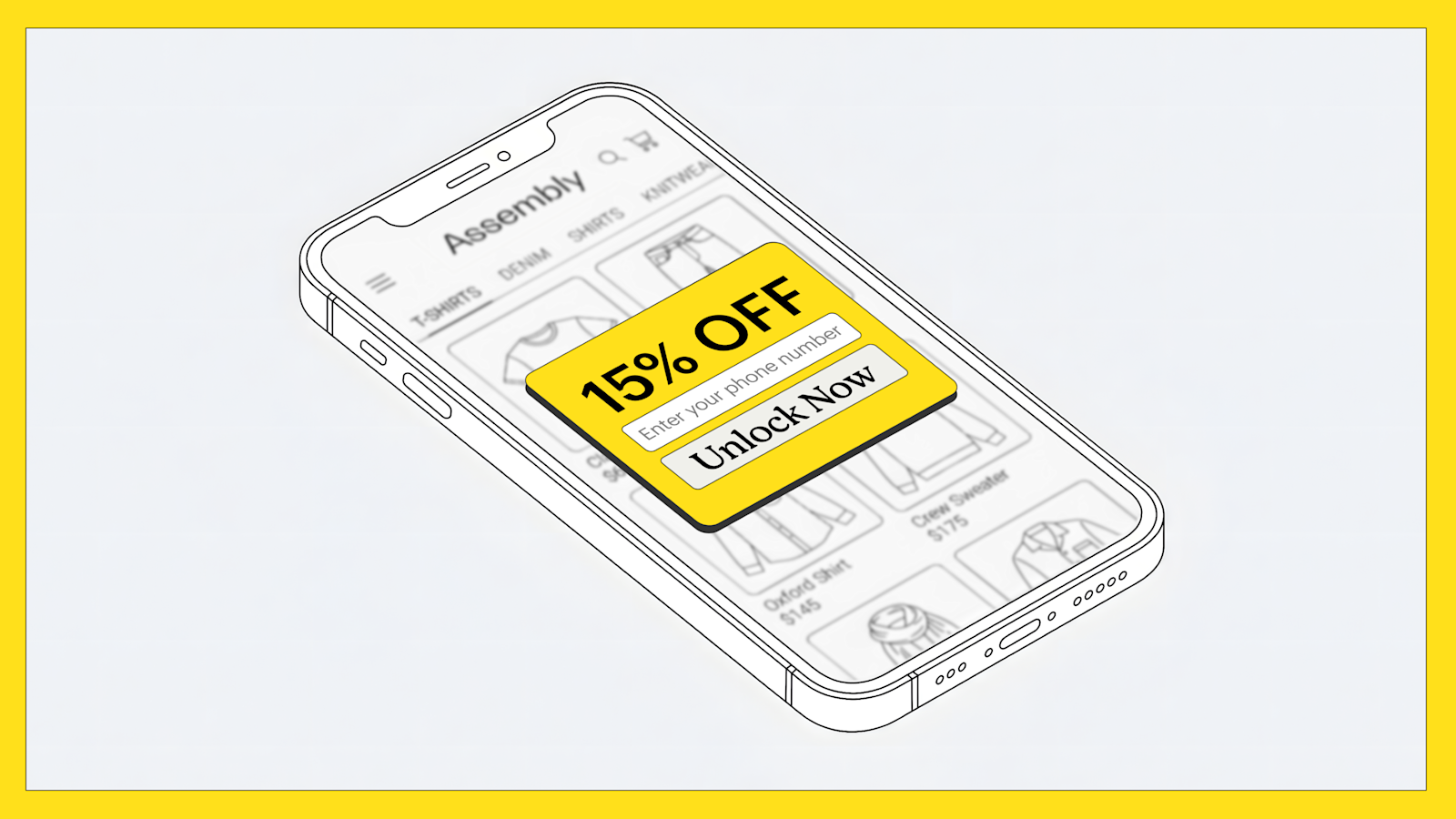 Isometric smartphone illustration showing an ecommerce store with a yellow SMS popup offering a 15% discount.