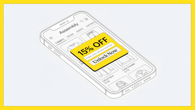 Isometric smartphone illustration showing an ecommerce store with a yellow SMS popup offering a 15% discount.