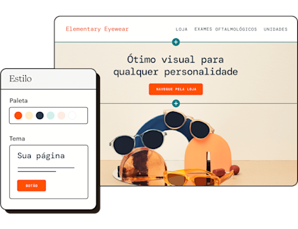Exemplo da página inicial de uma loja, com um segundo painel que inclui opções de estilo para o site.
