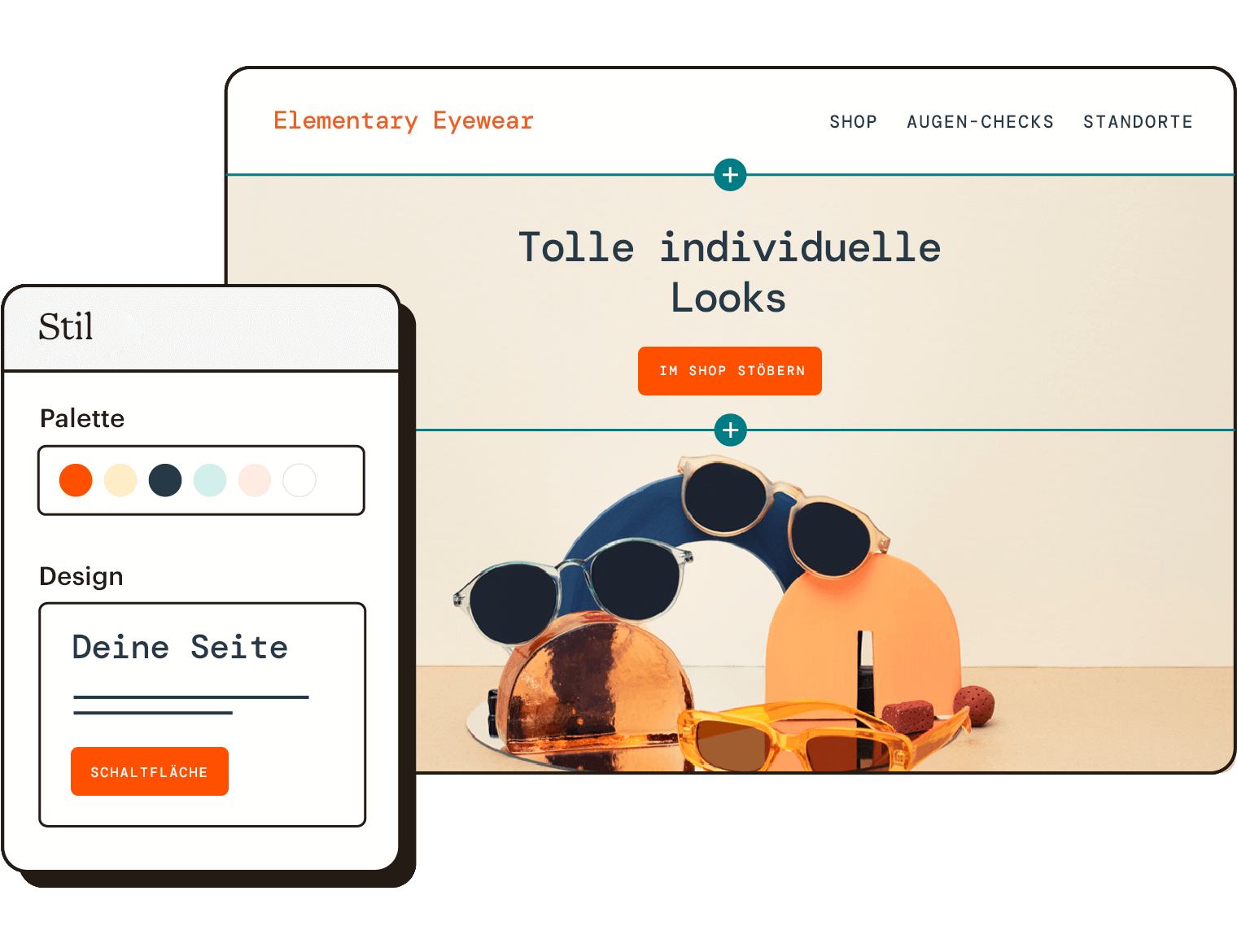 Beispielhafte Webshop-Homepage mit einem zweiten Bildschirmbereich, der Optionen für den Website-Stil enthält.