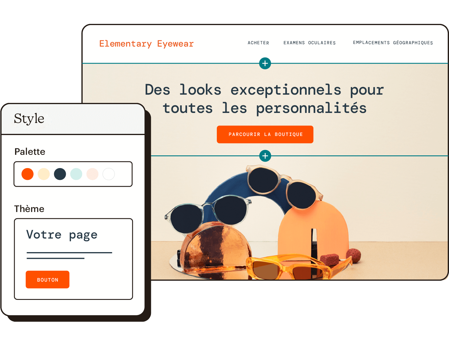 Example of a stores homepage, with a second panel that includes website styling options.