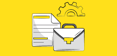 minimalist icons in black and white against yellow backgrounds showing payment cards, gears, and documents