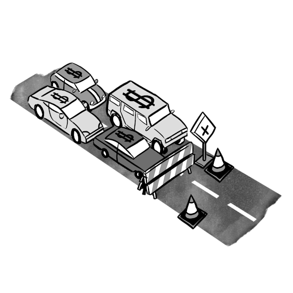 Cars on road, blocked by roadblocks