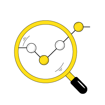 Google Analytics - Magnifying glass icon with connected dots forming a molecule or network structure inside the lens