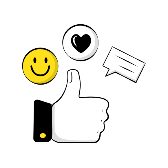 facebook ad copy - A simple line drawing of a thumbs up icon, yellow smiley face emoji and a heart icon floating above it