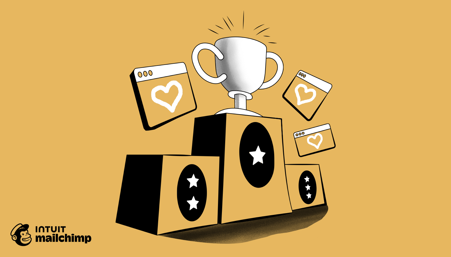 Trophy on podium with star badges, surrounded by floating browser windows with heart icons on yellow background