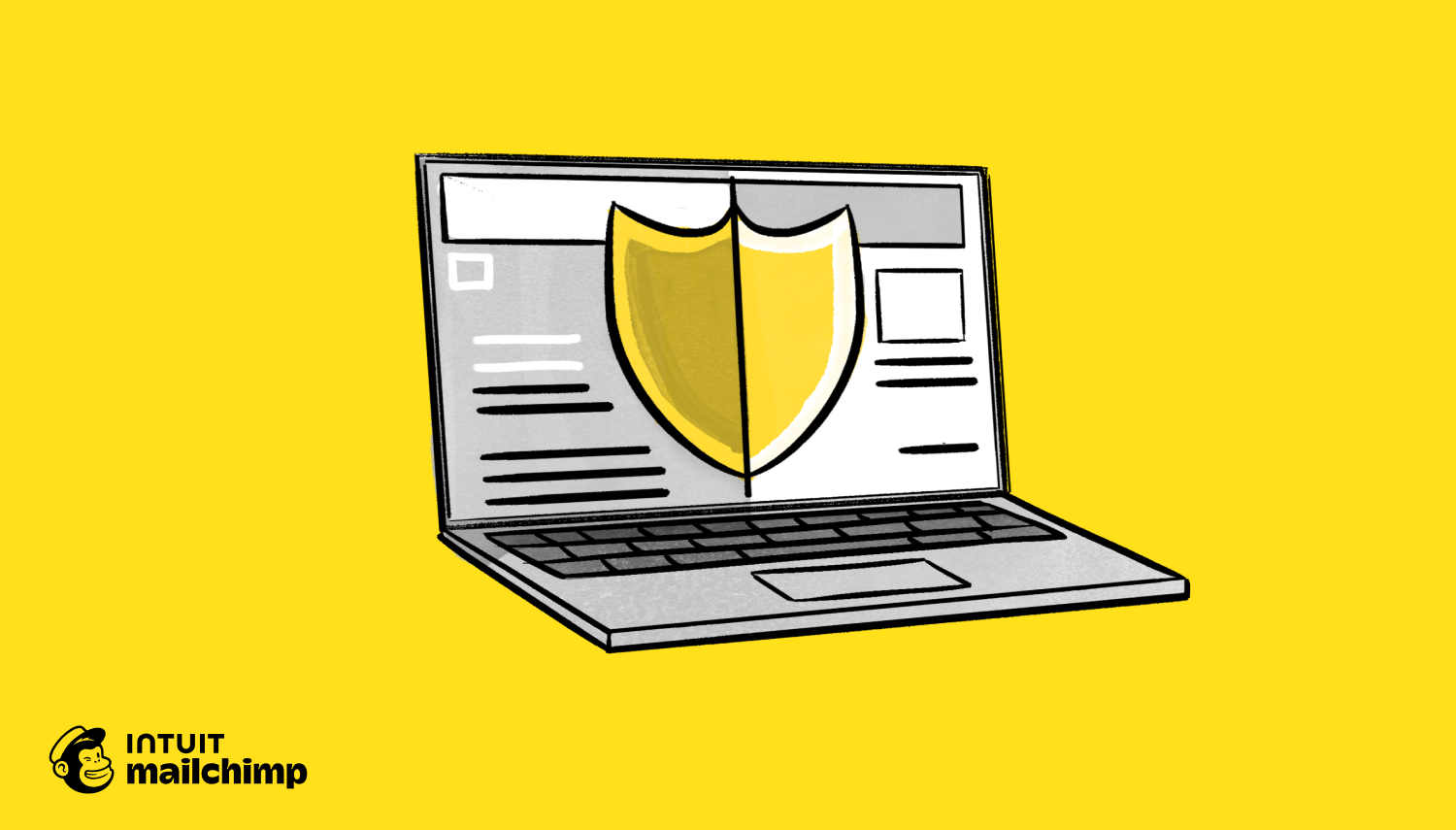 Illustration of a laptop displaying a yellow security shield icon on its screen, set against a bright yellow background