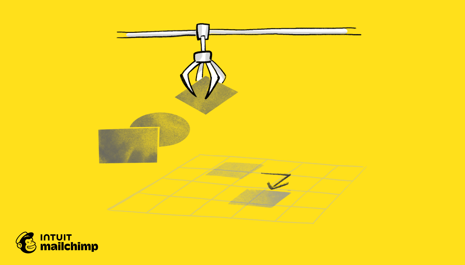 Mechanical claw grabbing content blocks against yellow background, with grid pattern below showing placement target
