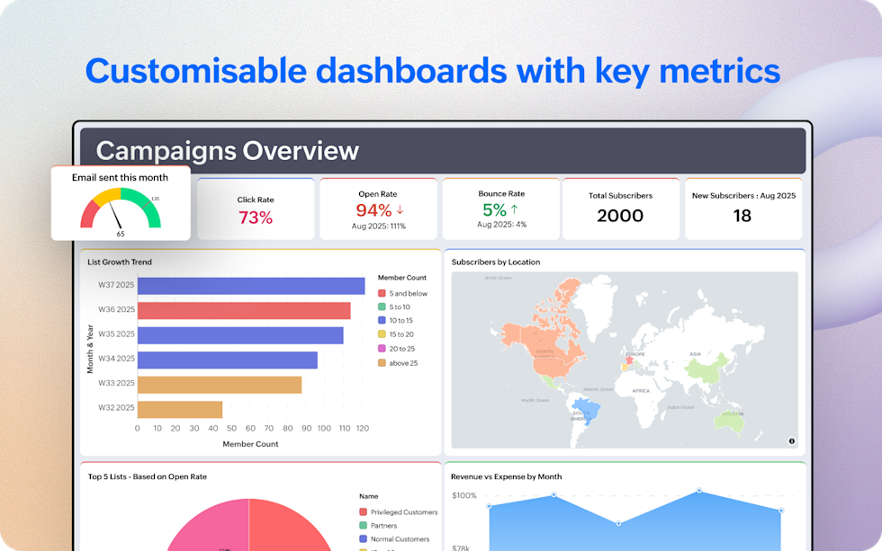 Marketing analytics dashboard showing campaign metrics, subscriber data, and performance charts with a blue header reading "Customisable dashboards with key metrics"