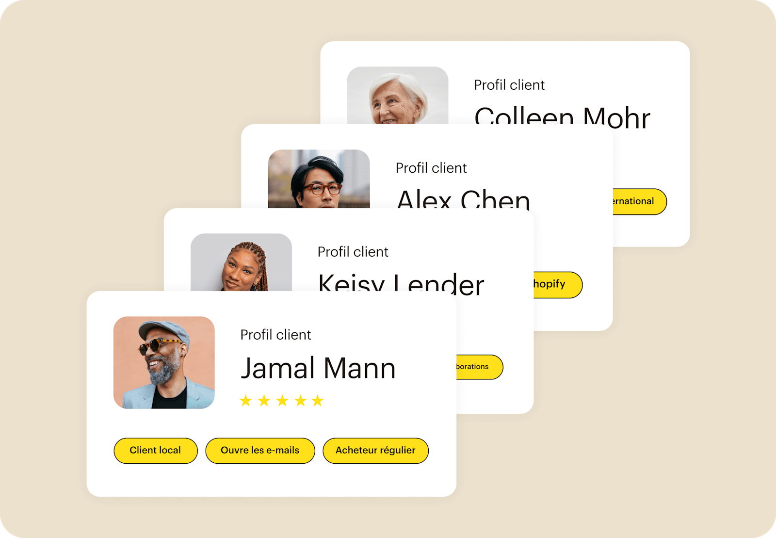 Image montrant l’interface utilisateur abstraite flottante de divers profils client, illustrant comment les utilisateurs peuvent identifier des modèles parmi les contacts importants.