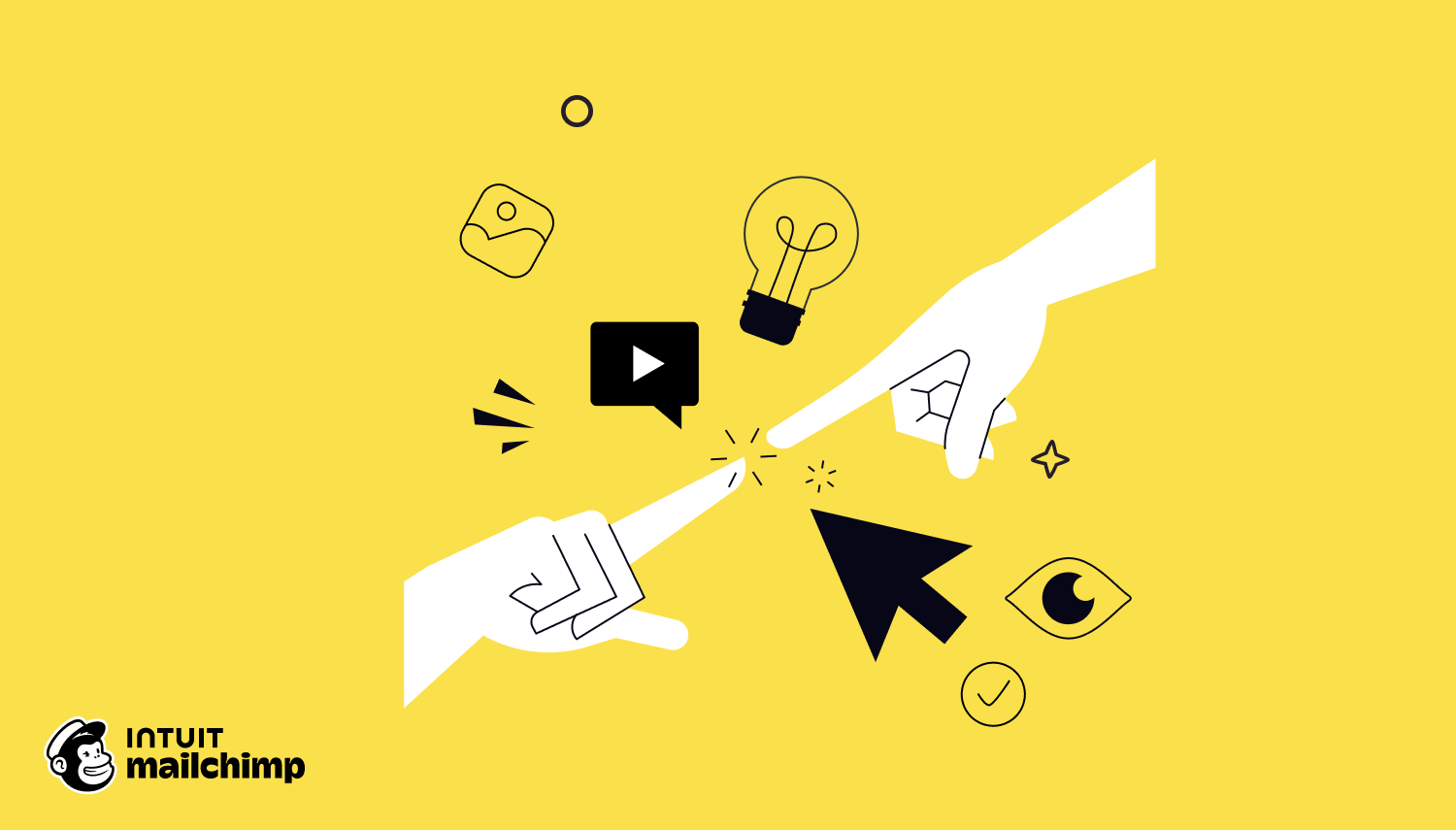 Illustrated icons on yellow background showing cursor, hand pointer, lightbulb, and chat bubble representing digital interaction and ideas