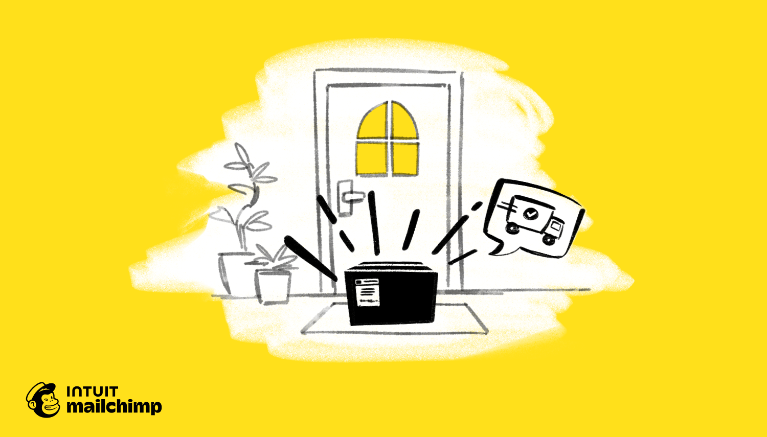 Simple line drawing of package on a doorstep with against a bright yellow background with Mailchimp logo