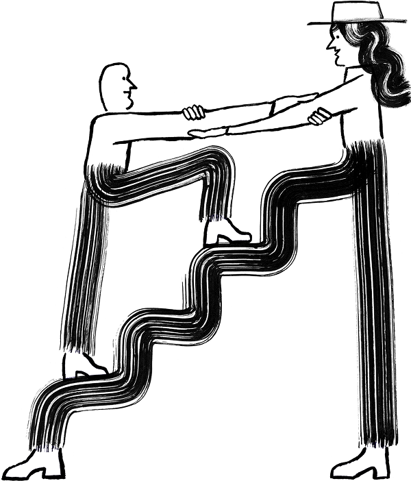 Illustration of one person holding the arms of another and offering their leg, which is shaped like a staircase, for them to climb up