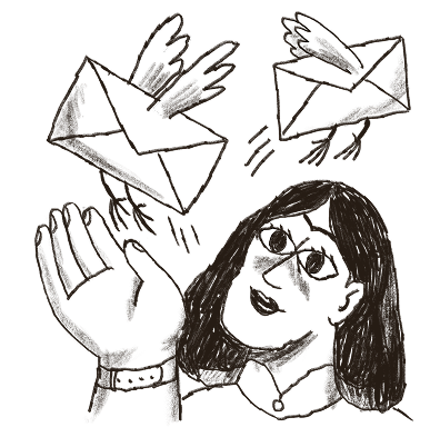 Illustration of a person holding out their hand, releasing envelopes with wings that fly away
