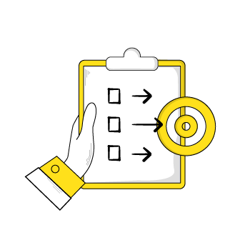 set kpi goals - Simple line drawing showing a hand holding a clipboard with step-by-step icons with yellow accents 