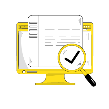 audit your site - Simple line art illustration showing computer screens, clock icons, and search symbols in black and yellow color scheme