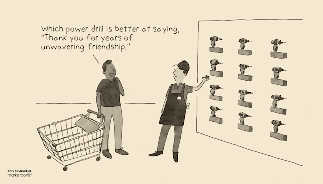 Cartoon showing two people in a hardware store with power drills on display, pondering which drill best expresses gratitude for friendship
