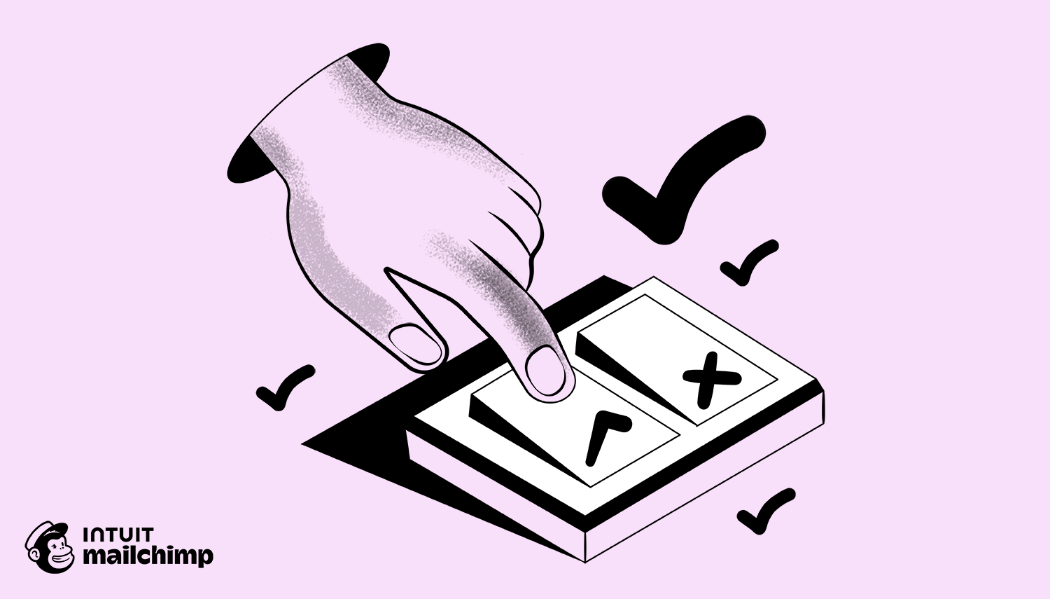 Illustrated hand marking checkboxes on a form with black checkmarks floating nearby, set against a light pink background