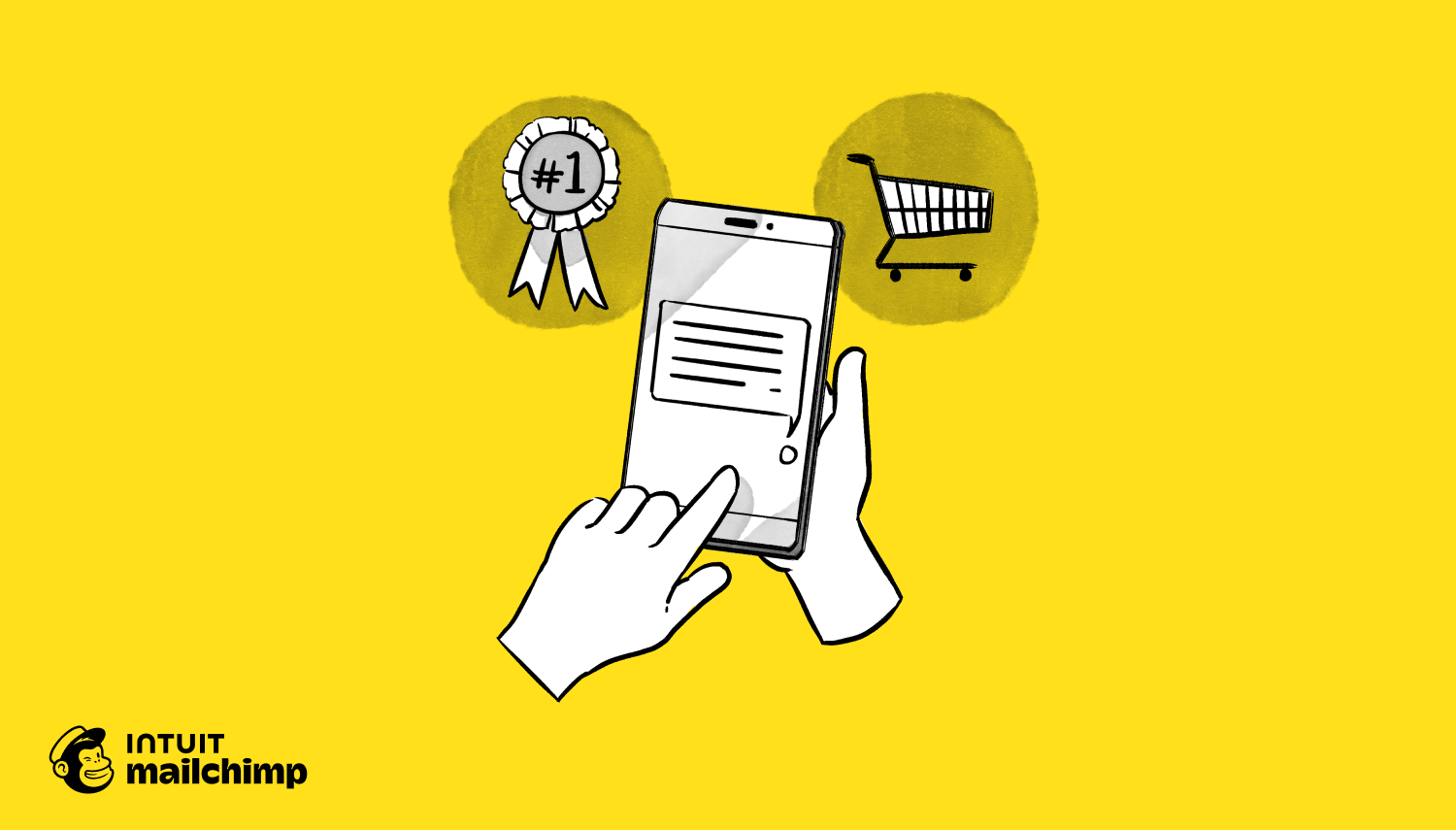 Illustrated hands holding smartphone with number one award ribbon and shopping cart icons on yellow background with Mailchimp logo