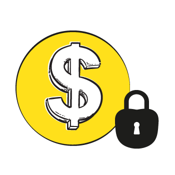 fixed vs variable costs - Dollar signs in white on bright yellow circles with black padlock icon