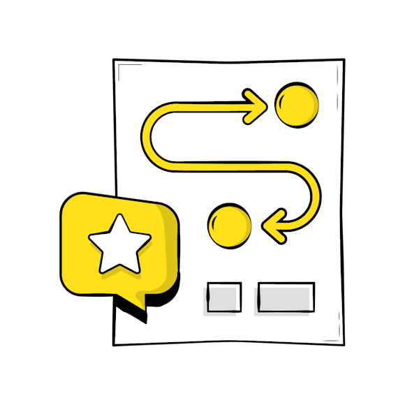 create a communication strategy - A simple line drawing showing a yellow speech bubble with a star icon, connected to three yellow dots arranged in a curved path