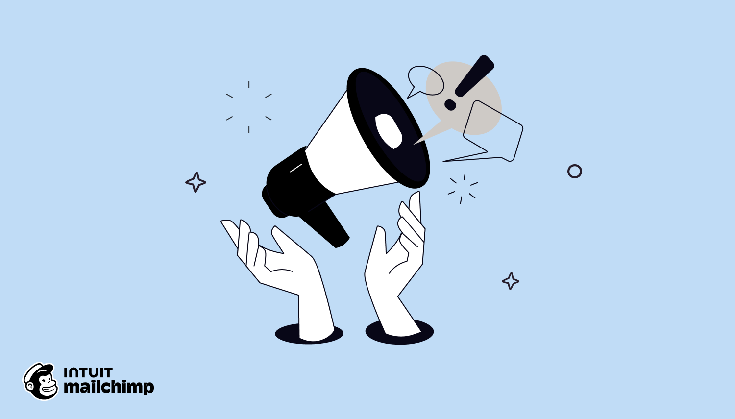 Illustration of hands reaching up to catch a megaphone with speech bubble and sparkles on light blue background, Mailchimp logo below
