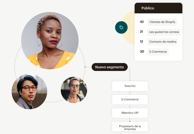 Un diseño circular que muestra segmentos de público con fotos de perfil y etiquetas que incluyen clientes de Shopify, correos similares, contactos de medios y estadísticas de <em>e-commerce</em>