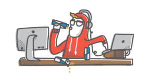 Cartoon illustration of Santa Claus working at desk with multiple computer screens while drinking coffee