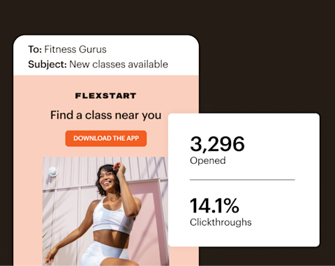A marketing email with a “Download the App” button, shown next to open and clickthrough stats from Mailchimp.