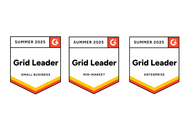 Three G2 Grid Leader badges for Summer 2023, showing awards in Small Business, Mid-Market, and Enterprise categories with chevron designs