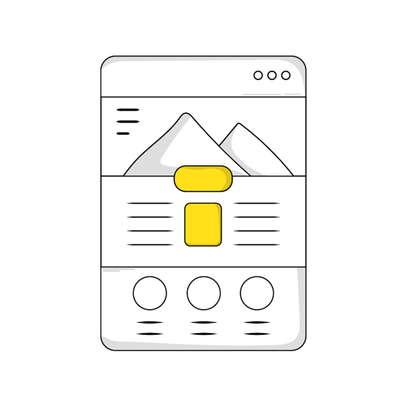 Simple wireframe mockup of a mobile app interface with mountain imagery and yellow highlight buttons