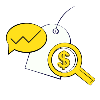 ad extensions - White price tag with yellow speech bubble showing graph trend and magnifying glass highlighting dollar symbol