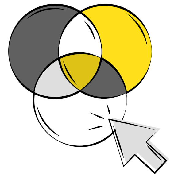 marketing colors - A Venn diagram with three overlapping circles in gray, yellow, and white, with a gray cursor arrow pointing to the center intersection