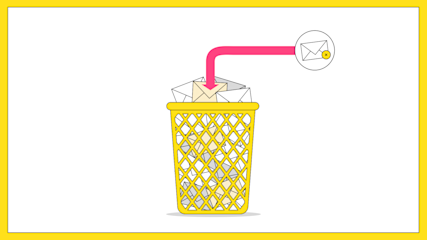 A yellow wastebasket filled with envelopes, with a pink arrow pointing from a circular icon of a deleted email into the bin.