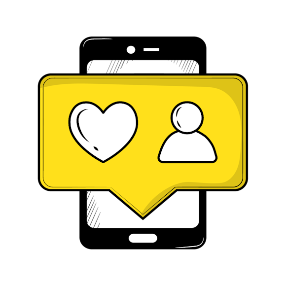 get more instagram followers - Black smartphone with yellow speech bubble containing white heart and user profile icons