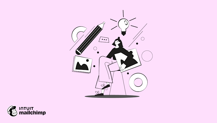Simple black and white illustration of a figure juggling books and papers with floating geometric shapes on a pink background