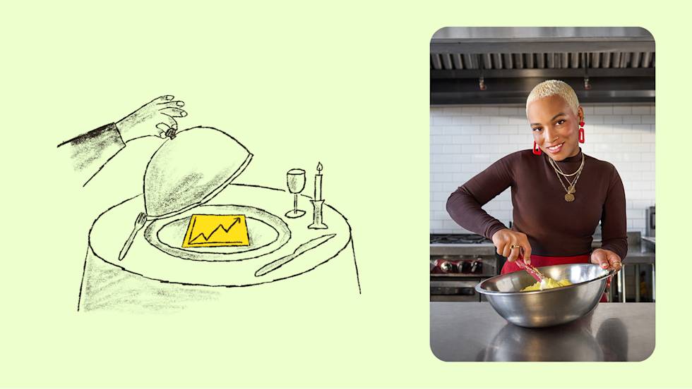 Restaurant table and cook with a mixing bowl