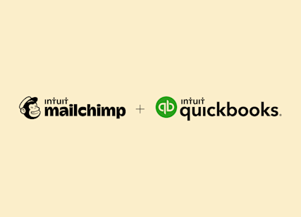 Mailchimp and QuickBooks logos side by side with a plus symbol between them on a light beige background