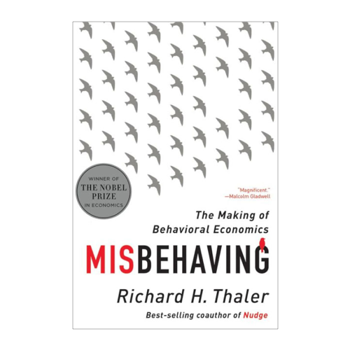 Book cover of "Misbehaving" by Richard Thaler featuring a pattern of small gray birds against white background with red and black text
