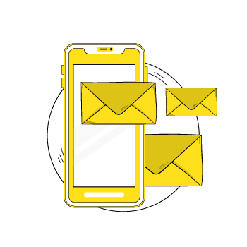 sms compliance - Minimalist line drawing sequence showing email envelope icons transforming from mobile to desktop display formats in yellow