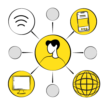  marketing tools - Scattered yellow and gray circular icons featuring digital devices, communication symbols, and a globe 