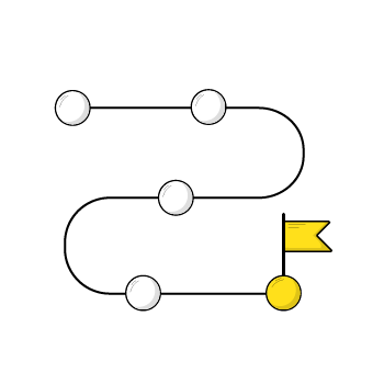 content roadmap - Simple line path with white circles as waypoints, ending with a yellow circle and small yellow flag marker