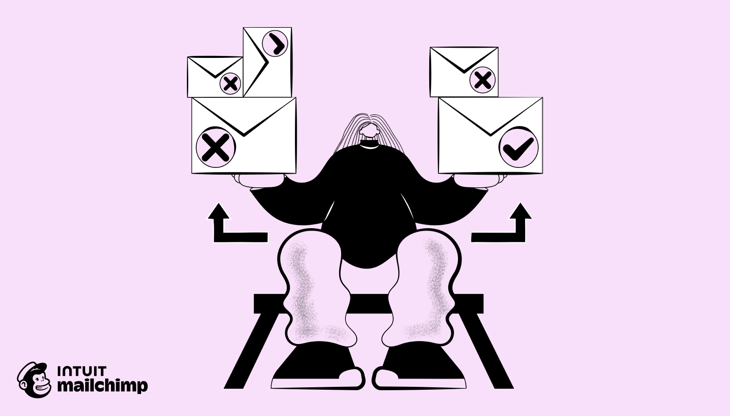 Stylized figure balancing email envelopes with check and X marks, shown against pink background with Mailchimp logo
