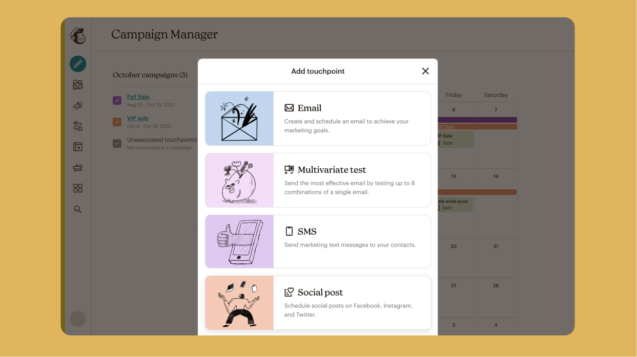 Campaign manager calendar interface showing October campaigns, with options to add touchpoints like email, SMS, and social media posts