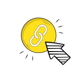 linked buttons - Simple line drawing of a yellow circle with a chain link icon and an arrow icon pressing it