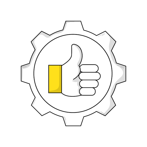 A white gear icon containing a thumbs-up symbol with a yellow accent bar, drawn in a simple line art style