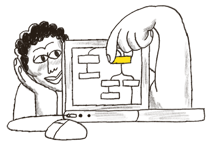 Illustration of a person reaching their arm around a computer to pick up and move segments