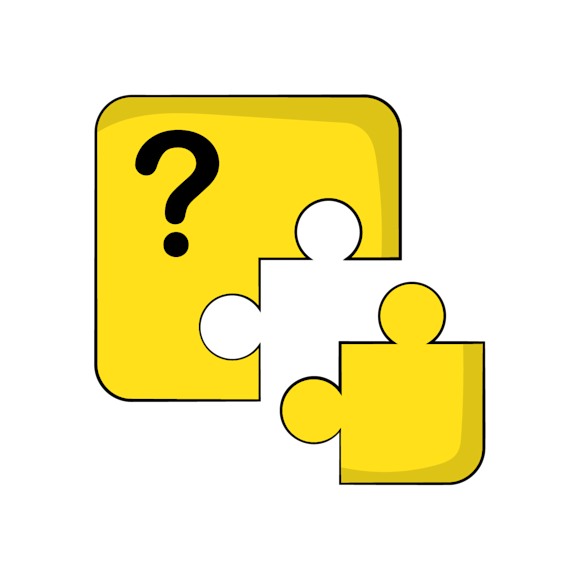 address customer painpoints - Two yellow puzzle pieces with a black question mark, separated but appearing to be connecting pieces
