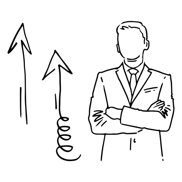 person with crossed arms, with arrows pointing up